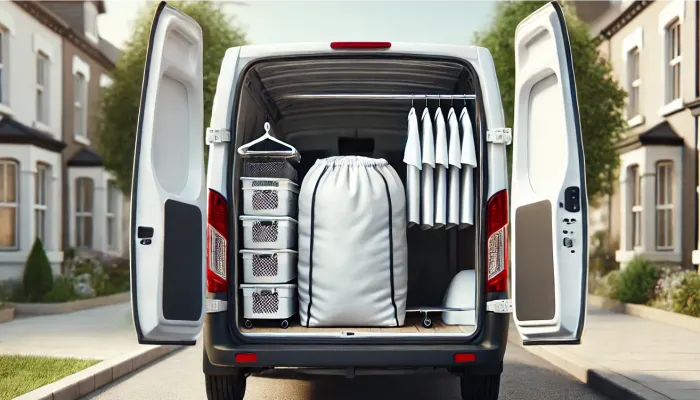 Imagem de um carro tipo furgão com roupas dentro