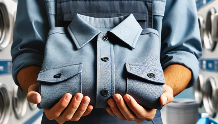 Imagem de um homem segurando nas 2 mãos uma camisa dobrada.